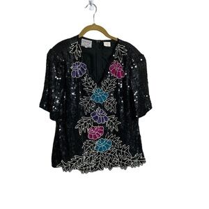 Vintage Stenay Silk Floral Black Sequin All Over Shoulder Pad Shirt Large